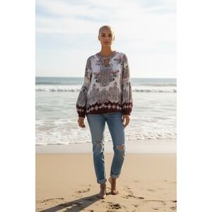 Coco + Jameson Floral Print Boho Keyhole‎ Neck Blouse Women's Size M